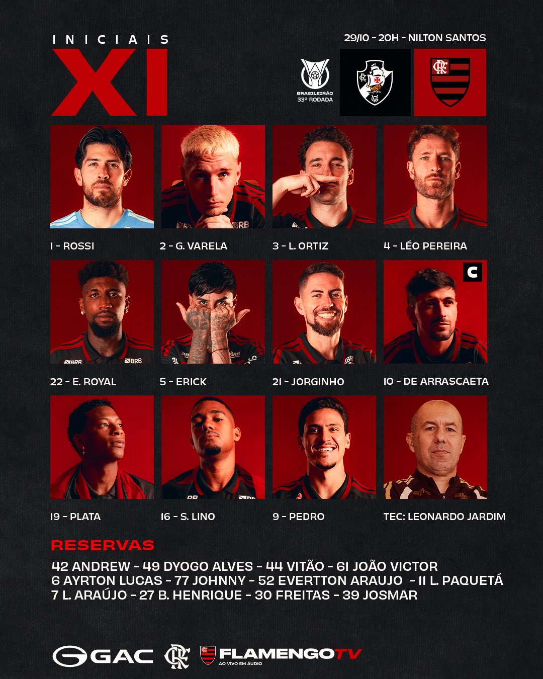 Escalação do Flamengo: Royal e Pulgar começam o clássico contra o Vasco no Nilton Santos